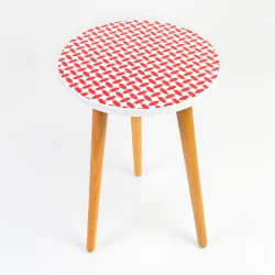 Modern Circular Wooden Side Table Featuring Traditional Red & White "Hatta" Pattern Design D 35 cm , H 42 cm