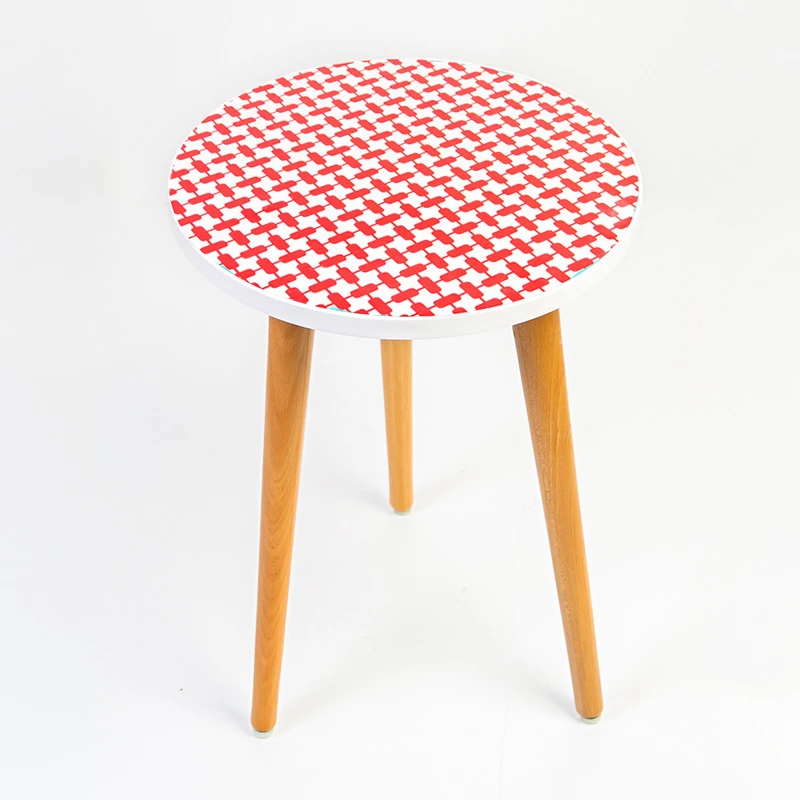 Modern Circular Wooden Side Table Featuring Traditional Red & White "Hatta" Pattern Design D 35 cm , H 42 cm - King Hussein Cancer Foundation