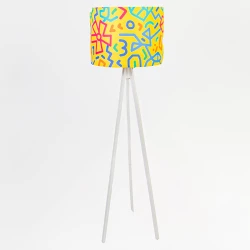 Vibrant Geometric Floor Lamp, Modern Yellow Lampshade with Multi-Colored Abstract Patterns and Minimalist White Tripod Base