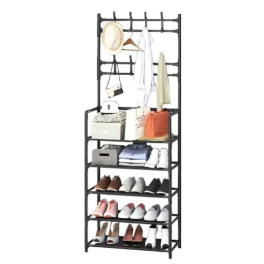 Modern Home Entryway Metal Coat Rack with Shoe Rack 4 Tier Black Organizer for Entryway Hallway with 10 Hooks and Storage Shelf, Sturdy Design - Lolo shop home - Image 3