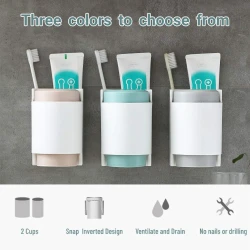 Wall Mounted Toothbrush Holder Set, 2 Cups, Green, Space Saving