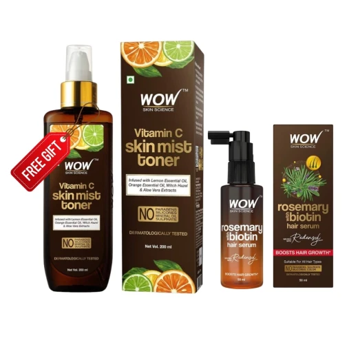 مجموعة WOW Skin Science للعناية بالشعر والبشرة - سيروم تقوية وتجديد الشعر بالروزماري والبيوتين 50 مل + تونر فيتامين سي للبشرة 200 مل مجاناً، تركيبة مغذية تدعم صحة الشعر وتمنح البشرة إشراقة ونضارة يومية