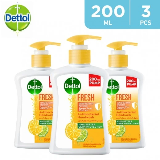 غسول اليدين السائل المنعش من Dettol 3 × 200 مل – صابون يدين مضاد للبكتيريا ينظف البشرة بعمق، يقضي على الجراثيم ويترك اليدين ناعمتين ومنتعشة، تركيبة فعالة للاستخدام اليومي للحفاظ على صحة اليدين - ديتول