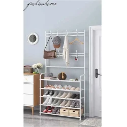 Modern Home Entryway Organizer, Metal Coat Rack with Shoe Rack, White, 4-Tier, for Entryway and Hallway, with 10 Hooks and Storage Shelf, Sturdy Design