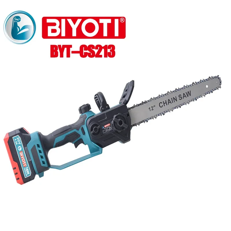 BIYOTI BYT-CS213 Cordless Chainsaw 12 Inch with brushless motor and 20V Li-Ion battery delivers powerful cutting performance. Durable, efficient, and ideal for wood cutting, gardening, and professional use. - BIYOTI