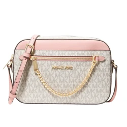 Michael Kors Jet Set Large Logo Crossbody Bag (Pink and Beige )