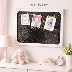Interactive memory frame with a glittery sequin background and clothesline design with colorful wooden clips - a modern, customizable white frame for hanging photos and cards (size 40.5×50.5 cm)