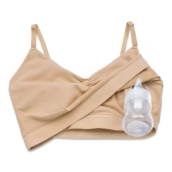 Momcozy Hands-Free Breastfeeding and Pumping Bra – Patent-protected design, comfortable all day, adjustable, suitable for breastfeeding, pumping, or both with all breast pumps, with cross-straps and detachable cups Beige x-large