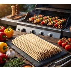 Flat Wooden BBQ Skewers – 25 Pieces Food-Safe Wooden Sticks for Kebab, Shish Tawook, and Vegetables, Multi-Purpose BBQ Skewers for Grilling, Parties, Camping, and Elegant Serving