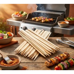 Flat Wooden BBQ Skewers – 50 Pieces Food-Safe Wooden Sticks for Kebab, Shish Tawook, and Vegetables, Multi-Purpose BBQ Skewers for Grilling, Parties, Camping, and Elegant Serving