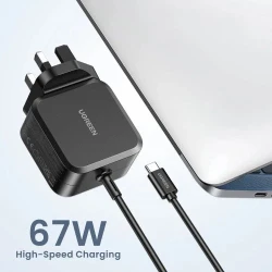 شاحن يو جرين X377 بقوة 67 واط بمنفذ USB C وتقنية جان مع 3 موصلات