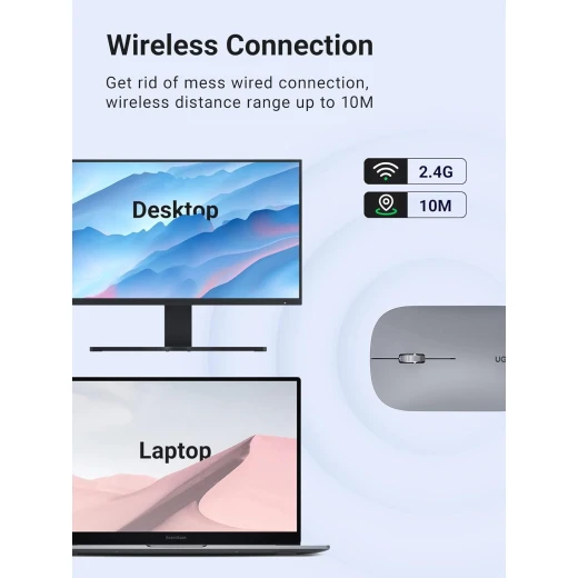 ماوس لاسلكي UGREEN صامت بدقة 4000 DPI واتصال 2.4GHz مع عمر بطارية يصل إلى 18 شهر، متوافق مع اللابتوب وأجهزة الكمبيوتر وأنظمة Windows 11 وmacOS وLinux – لون رمادي - يوجرين - Image 4