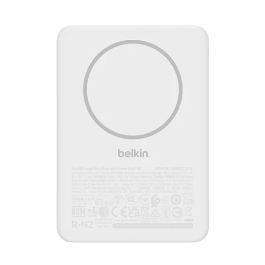 بنك طاقة Belkin BoostCharge مغناطيسي 5000 مللي أمبير في الساعة، شاحن محمول نحيف، أبيض