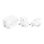 شاحن حائط Belkin 3 منافذ 100 واط GaN، شحن سريع لأجهزة iPhone و Samsung، أبيض - بيلكين