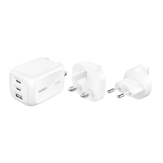 شاحن حائط Belkin 3 منافذ 100 واط GaN، شحن سريع لأجهزة iPhone و Samsung، أبيض شاحن حائط Belkin 3 منافذ 100 واط GaN، شحن سريع لأجهزة iPhone و Samsung، أبيض
