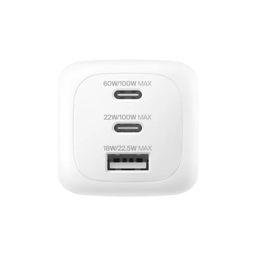 شاحن حائط Belkin 3 منافذ 100 واط GaN، شحن سريع لأجهزة iPhone و Samsung، أبيض - بيلكين - Image 2