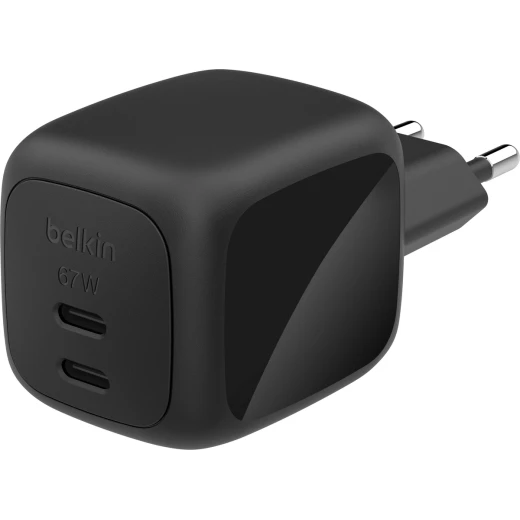 شاحن حائط بيلكن 67 واط مزدوج USB-C PD مع PPS، أسود، شحن سريع شاحن حائط بيلكن 67 واط مزدوج USB-C PD مع PPS، أسود، شحن سريع