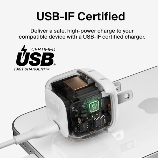 شاحن حائط بلكين 30 واط USB-C، شحن سريع لأجهزة iPhone و Samsung و iPad و AirPods، أبيض - بيلكين - Image 5