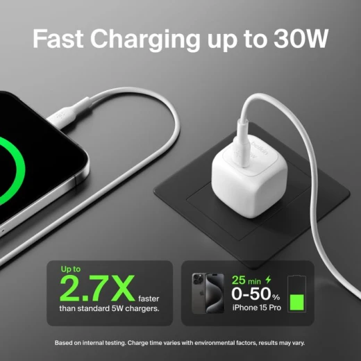 شاحن حائط بلكين 30 واط USB-C، شحن سريع لأجهزة iPhone و Samsung و iPad و AirPods، أبيض - بيلكين - Image 2