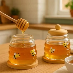 Glass Honey Jar with Wooden Lid and Base, Transparent Honey Storage Container with Wooden Dipper and Bee Decoration for Kitchen and Serving