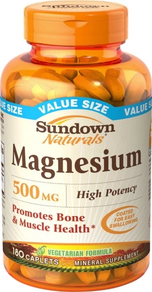 Sundown Naturals Magnesium 500mg Caplets, Bone and Muscle Support, 180 Count - Sundown