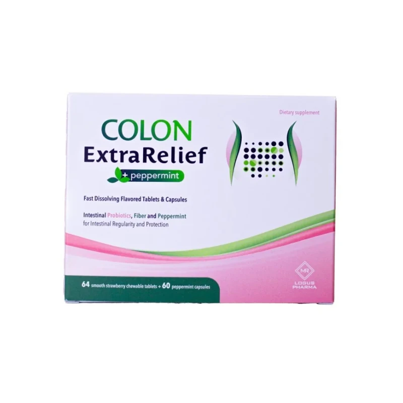 مكمل غذائي Colon Extra Relief 64 قرص للمضغ و 60 كبسولة نعناع صحة الجهاز الهضمي