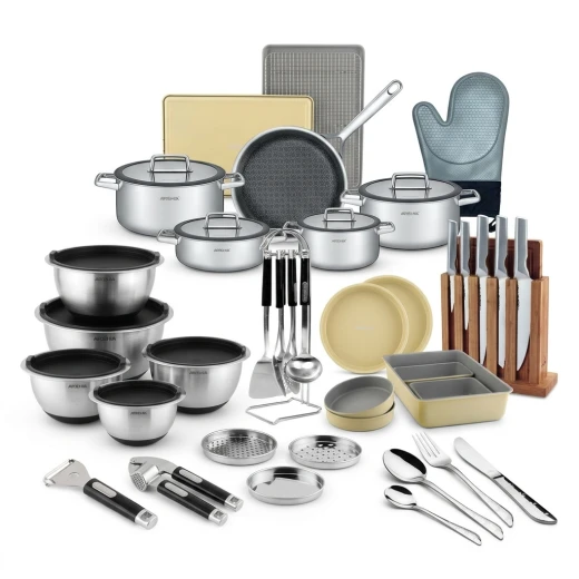 Arshia Complete Kitchen Essentials Bundle – Stainless Steel Cookware Set, Knife Set, Utensils, Mixing Bowls, Non-Stick Bakeware & Kitchen Tools for Full Home Setup Arshia Complete Kitchen Essentials Bundle – Stainless Steel Cookware Set, Knife Set, Utensils, Mixing Bowls, Non-Stick Bakeware & Kitchen Tools for Full Home Setup