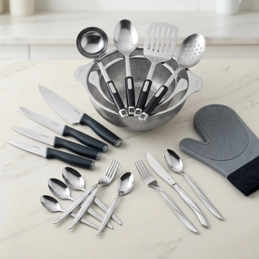 Arshia Complete Kitchen Essentials Bundle – Stainless Steel Cookware Set, Tri-Ply Fry Pan, Knife Set, Utensils, Cutlery Set, Colander & Kitchen Tools for Daily Cooking - Arshia - Image 7