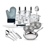 Arshia Complete Kitchen Essentials Bundle – Stainless Steel Cookware Set, Tri-Ply Fry Pan, Knife Set, Utensils, Cutlery Set, Colander & Kitchen Tools for Daily Cooking - Arshia