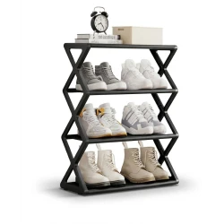 Naso 4 Tier Foldable Shoe Rack Black Geometric Crisscross Frame Space Saving Shoe Organizer Durable Storage Shelf for Entryway Bedroom Closet Lightweight Multi Pair Shoe Stand