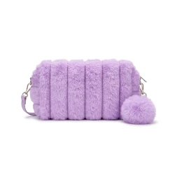 Velvet Plush Cosmetic Pouch with Vertical Stripe Design Detachable Wrist Strap Soft Pom Pom Charm Lightweight Multi Purpose Makeup Bag Travel Toiletry Organizer for Cosmetics Personal Care and Daily Use