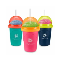 The ChillFactor Slushy Maker cup comes in neon green, pink, and navy. This product uses rapid freezing technology to transform liquid drinks into slushy in seconds through continuous pressure on the sides of the cup.