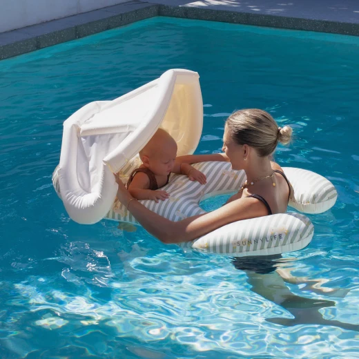 مقعد عوامة الأطفال SUNNYLiFE Float Together بتصميم بطة باللون الأخضر المخطط للأعمار من 12-24 شهرًا مع مظلة قابلة للإزالة وميزات أمان - صني لايف - Image 2