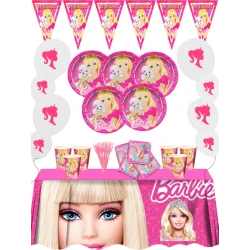Barbie Kids' Birthday Party Pack | 10 Plates + 10 Cups + 1 Tablecloth + Napkins + 6 Popcorn Boxes + 3-Meter Party Banner + 10 Balloons