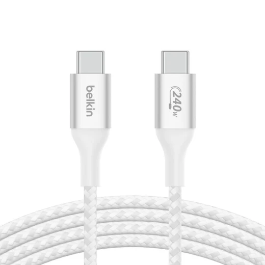 كابل بييلكين معتمد من USB-IF مضفر بقوة 240 واط من USB-C إلى USB-C بطول 1 متر أبيض للشحن السريع لأجهزة اللابتوب والأجهزة اللوحية والهواتف الذكية - بيلكين - Image 3