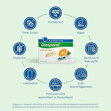 Magnesium Diasporal 400 Extra Direct, Magnesium Sticks with Fruity Powder, Extra Class Direct Granules with 400 mg Magnesium per Stick, 50 Sticks - Magnesium Diasporal - Image 4