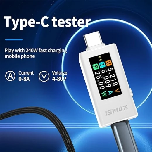 جهاز اختبار الجهد والتيار USB-C، مقياس الفولتميتر، كاشف سعة بنك الطاقة، كابل USB، شاحن، مع دليل المستخدم (KWS-1902L أبيض) - Image 5