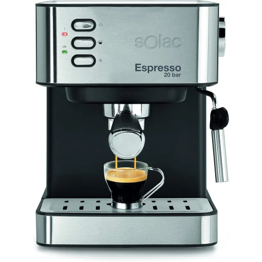 SOLAC CE4481 Espresso Machine 20 Bar, 2-in-1 Coffee Maker for Pods and Ground Coffee, Stainless Steel Design, Black Color, with Powerful Pressure for Rich Espresso and Easy Brewing SOLAC CE4481 Espresso Machine 20 Bar, 2-in-1 Coffee Maker for Pods and Ground Coffee, Stainless Steel Design, Black Color, with Powerful Pressure for Rich Espresso and Easy Brewing