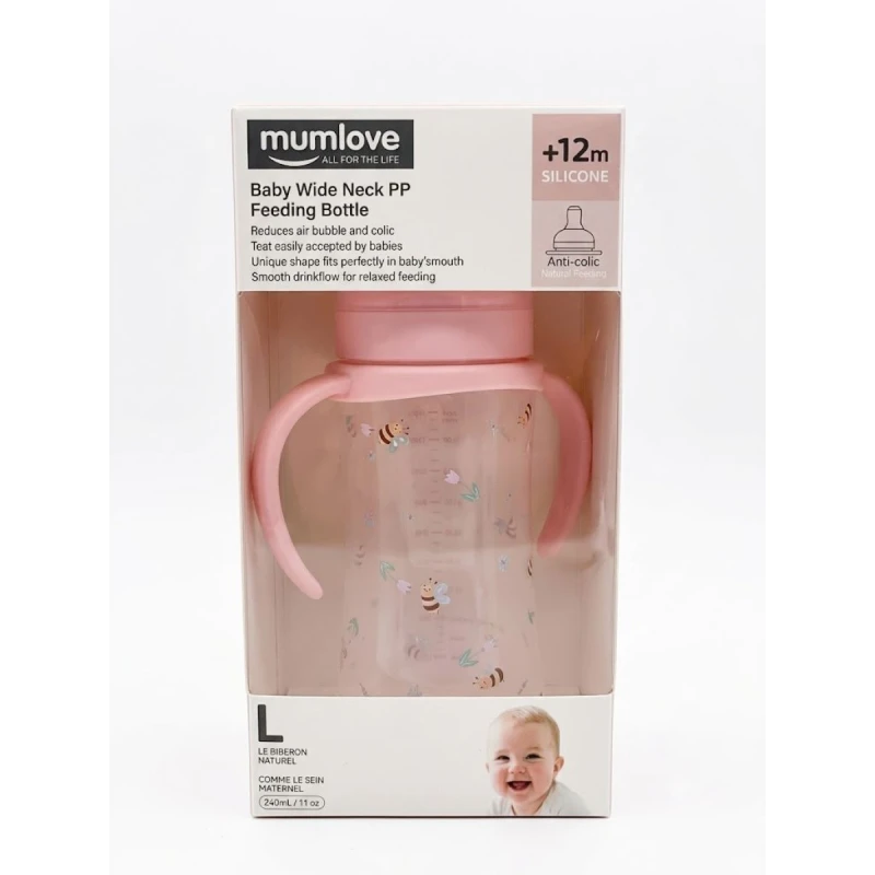 Mumlove Wide Neck PP Baby Feeding Bottle 330ml Pink – Anti-Colic Silicone Nipple, BPA Free, 12M+ - Mumlove
