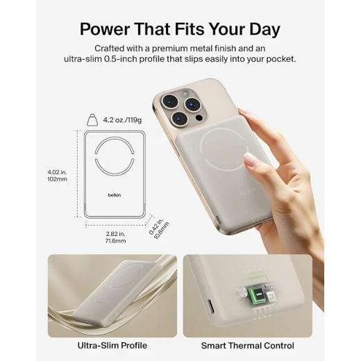بنك طاقة مغناطيسي Belkin BoostCharge بسعة 5000 مللي أمبير مع حلقة مغناطيسية - لون رملي | شاحن لاسلكي محمول 5K، حلقة مغناطيسية لتركيب الملحقات، منفذ USB-C، مشحون مسبقًا، كابل مرفق، آمن للسفر - بيلكين - Image 4