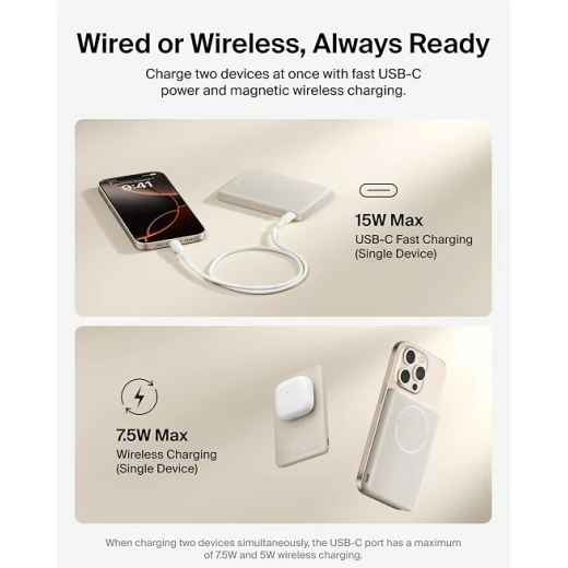 بنك طاقة مغناطيسي Belkin BoostCharge بسعة 5000 مللي أمبير مع حلقة مغناطيسية - لون رملي | شاحن لاسلكي محمول 5K، حلقة مغناطيسية لتركيب الملحقات، منفذ USB-C، مشحون مسبقًا، كابل مرفق، آمن للسفر - بيلكين - Image 3