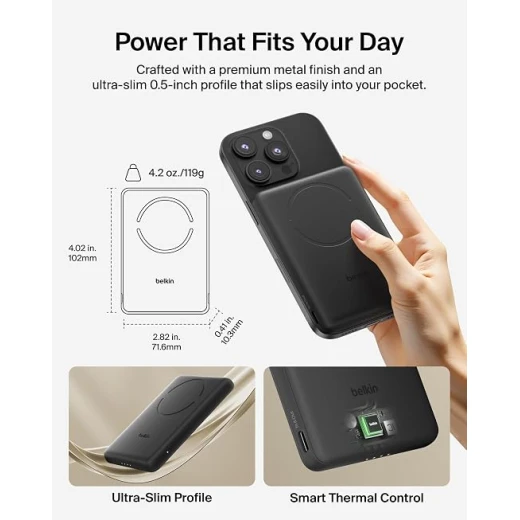 بنك طاقة مغناطيسي Belkin BoostCharge بسعة 5000 مللي أمبير مع حلقة مغناطيسية - أسود | شاحن لاسلكي محمول 5K، حلقة مغناطيسية لتركيب الملحقات، منفذ USB-C، مشحون مسبقًا، كابل مرفق، آمن للسفر - بيلكين - Image 3