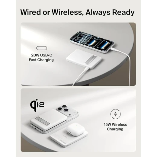 شاحن Belkin BoostCharge المحمول بتقنية Qi2 بقوة 15 واط، بنك طاقة مغناطيسي نحيف بسعة 5000 مللي أمبير مع مسند، يتضمن كابل USB-C، بطارية شحن سريع لأجهزة iPhone وAirPods وGalaxy وPixel وiPad وغيرها - أبيض - بيلكين - Image 3