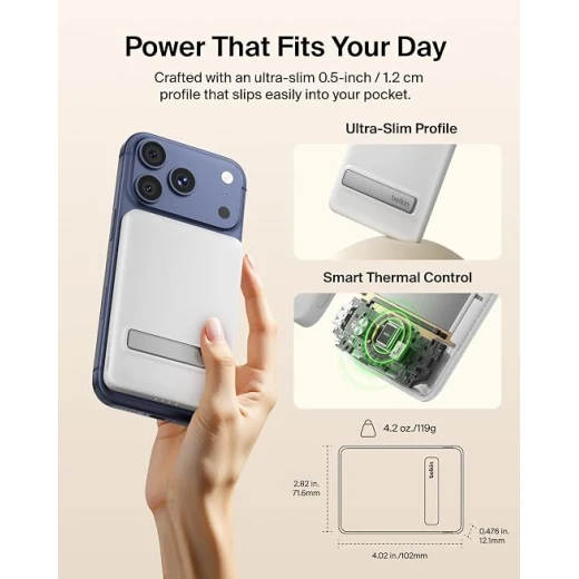 شاحن Belkin BoostCharge المحمول بتقنية Qi2 بقوة 15 واط، بنك طاقة مغناطيسي نحيف بسعة 5000 مللي أمبير مع مسند، يتضمن كابل USB-C، بطارية شحن سريع لأجهزة iPhone وAirPods وGalaxy وPixel وiPad وغيرها - أبيض