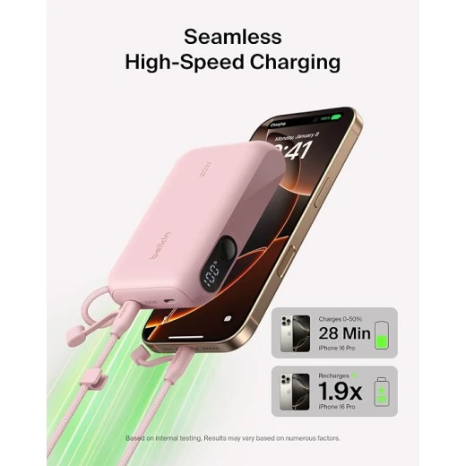 باور بانك بيلكن بوست تشارج 10000 مللي أمبير، شحن سريع 20 واط، شاشة رقمية، منفذا USB-C، وردي، محمول للسفر - بيلكين - Image 2