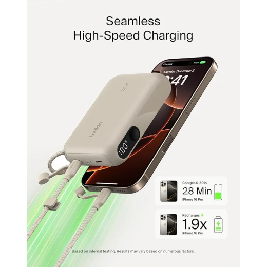 باور بانك بيلكن 10000 مللي أمبير، شحن سريع 20 واط، شاشة رقمية، منفذا USB-C، شحن متزامن، رملي، مناسب للسفر - بيلكين - Image 2