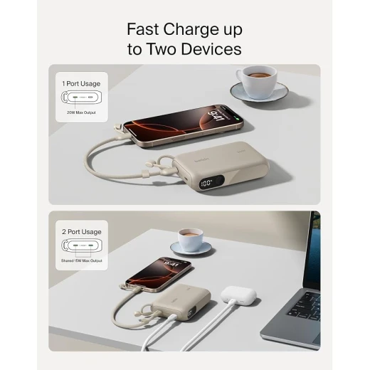 باور بانك بيلكن 10000 مللي أمبير، شحن سريع 20 واط، شاشة رقمية، منفذا USB-C، شحن متزامن، رملي، مناسب للسفر - بيلكين - Image 4
