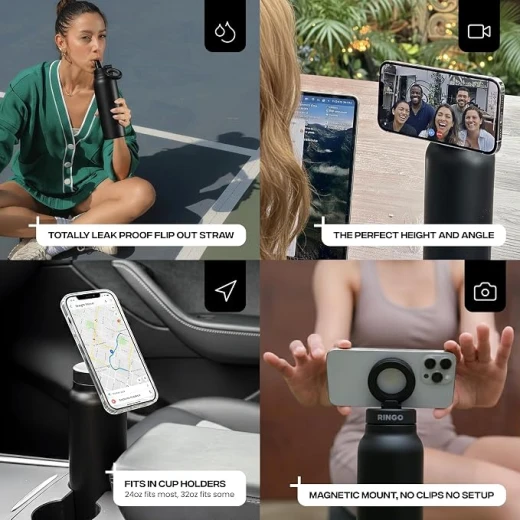 زجاجة مياه رينجو برو 24 أونصة، ستانلس ستيل، حامل هاتف مغناطيسي 360 درجة، متوافقة مع MagSafe، غطاء شفاط مانع للتسرب، أسود - رينغو - Image 4