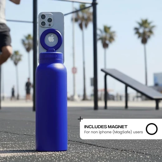 زجاجة مياه رينجو برو 24 أونصة، ستانلس ستيل، حامل هاتف مغناطيسي 360 درجة، متوافقة مع MagSafe، شفاط مانع للتسرب، أزرق