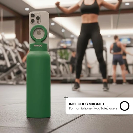 زجاجة مياه رينجو برو 24 أونصة، ستانلس ستيل، حامل هاتف مغناطيسي 360 درجة، متوافقة مع MagSafe، شفاط مانع للتسرب، أخضر - رينغو - Image 2